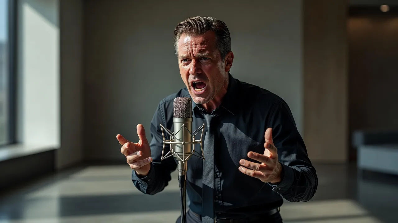 Overwrought announcer at a mic under dramatic lighting, playing it too seriously