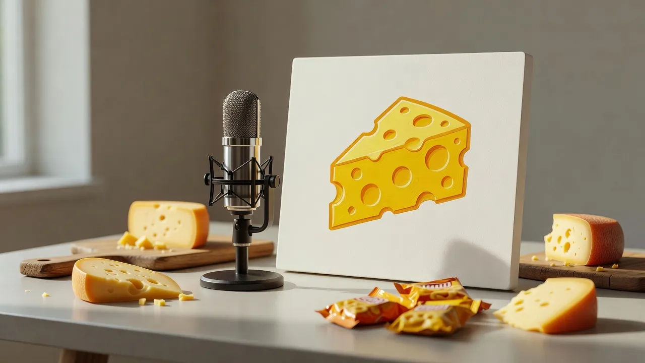 Set dressed as a cheesy product ad with a mic and mock logo board