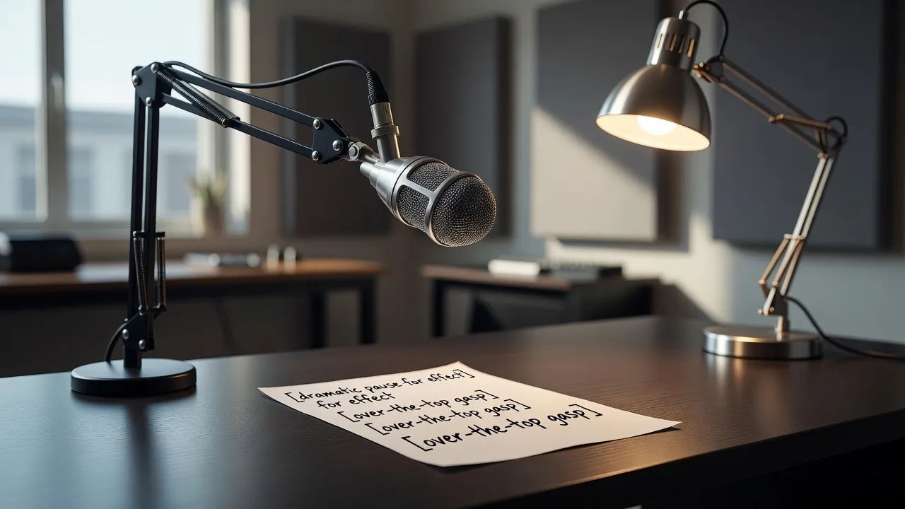 Script marked spoof cues beside a studio microphone and lamp