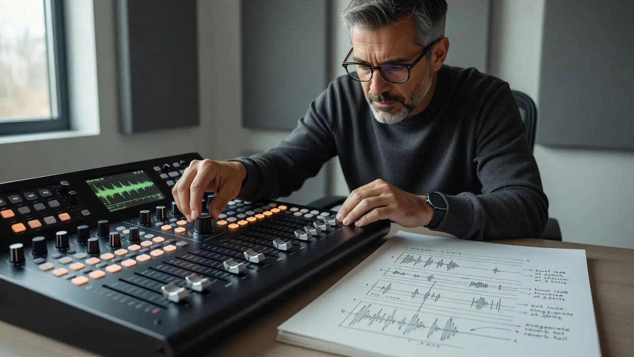 Editor tuning an exaggerated voice at a console with sketch cues