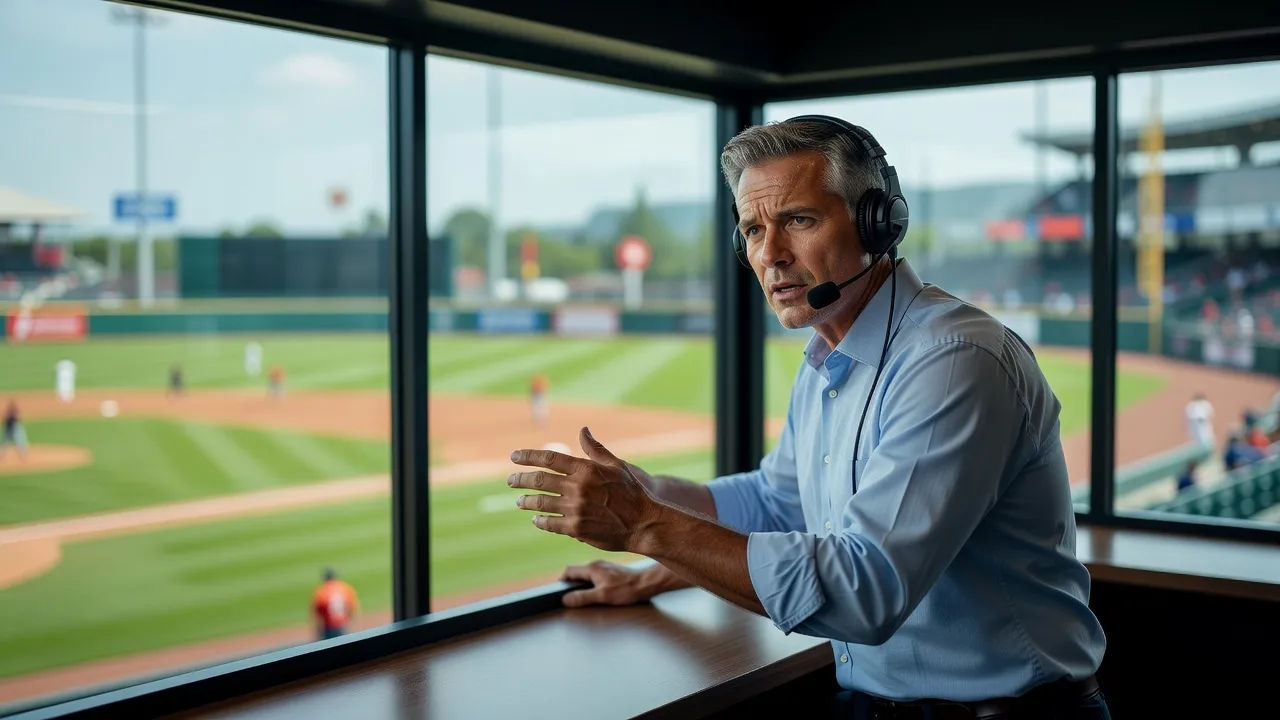 Announcer in a broadcast booth mid-call, headset on, field below