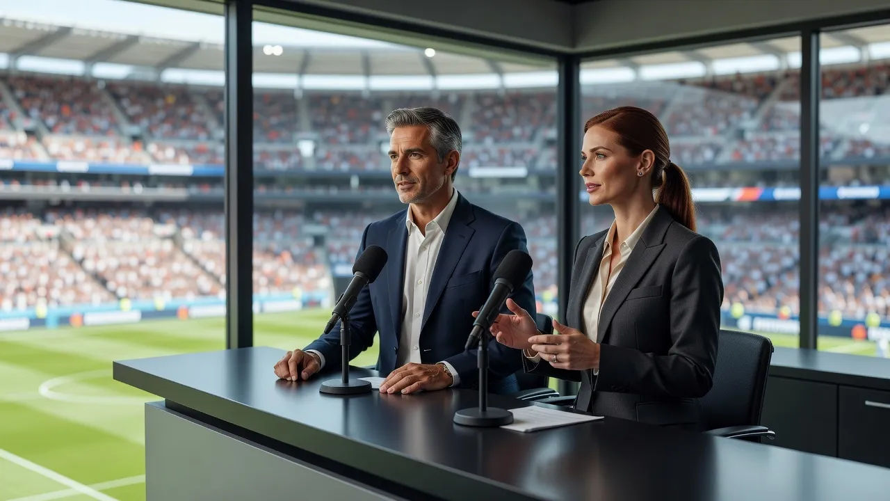 Two announcers at a booth desk above a bright stadium