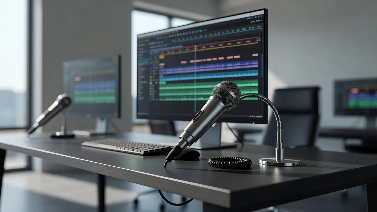 Editing bay with a replay timeline and an announcer mic
