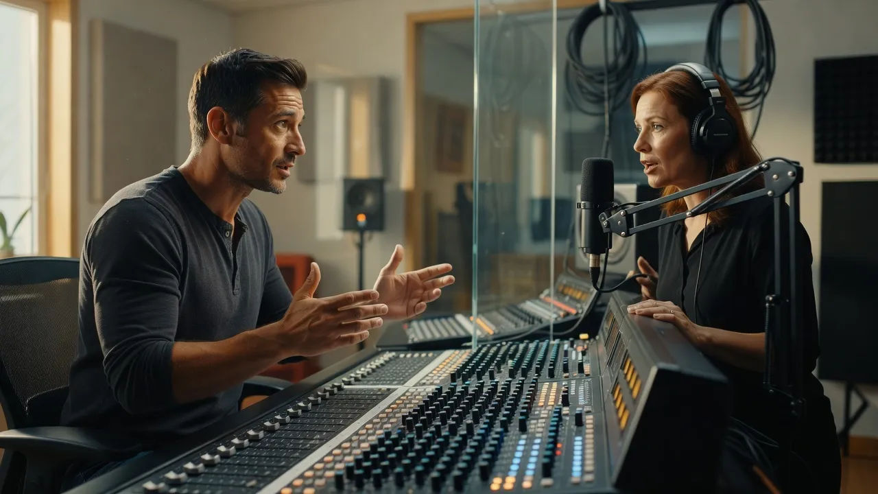 Sound designer directing an announcer voice at a console