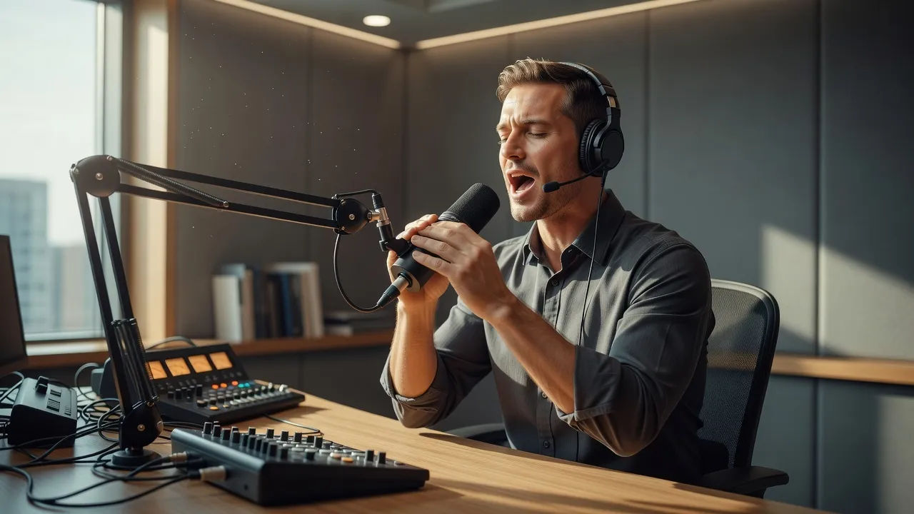 Radio host singing a station hook in a broadcast booth
