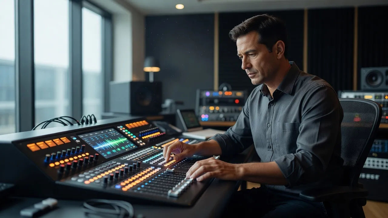 Producer shaping a station jingle at a broadcast console