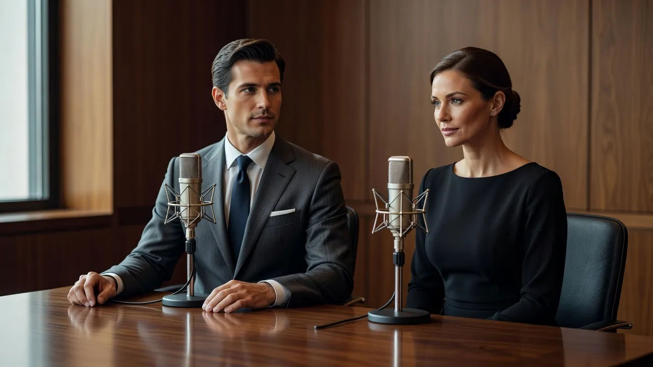 Two elegantly dressed narrators at a wood-panelled recording table