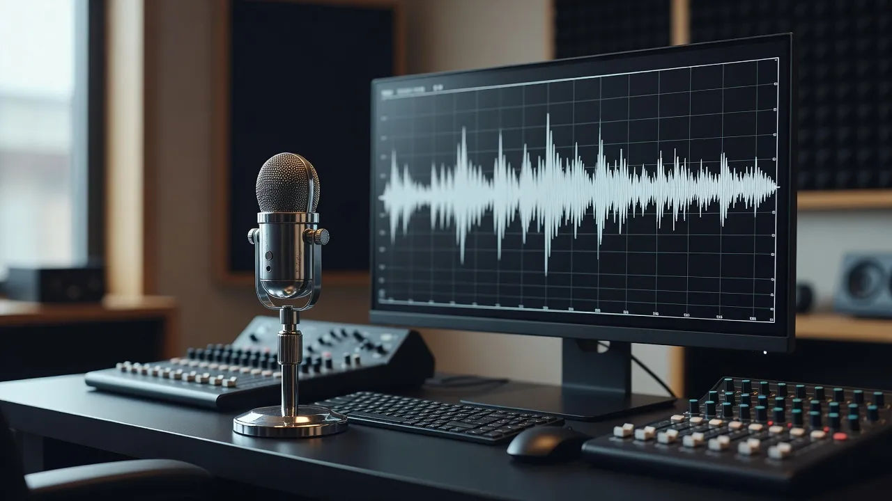 Editing suite with a narration waveform and a vintage broadcast microphone