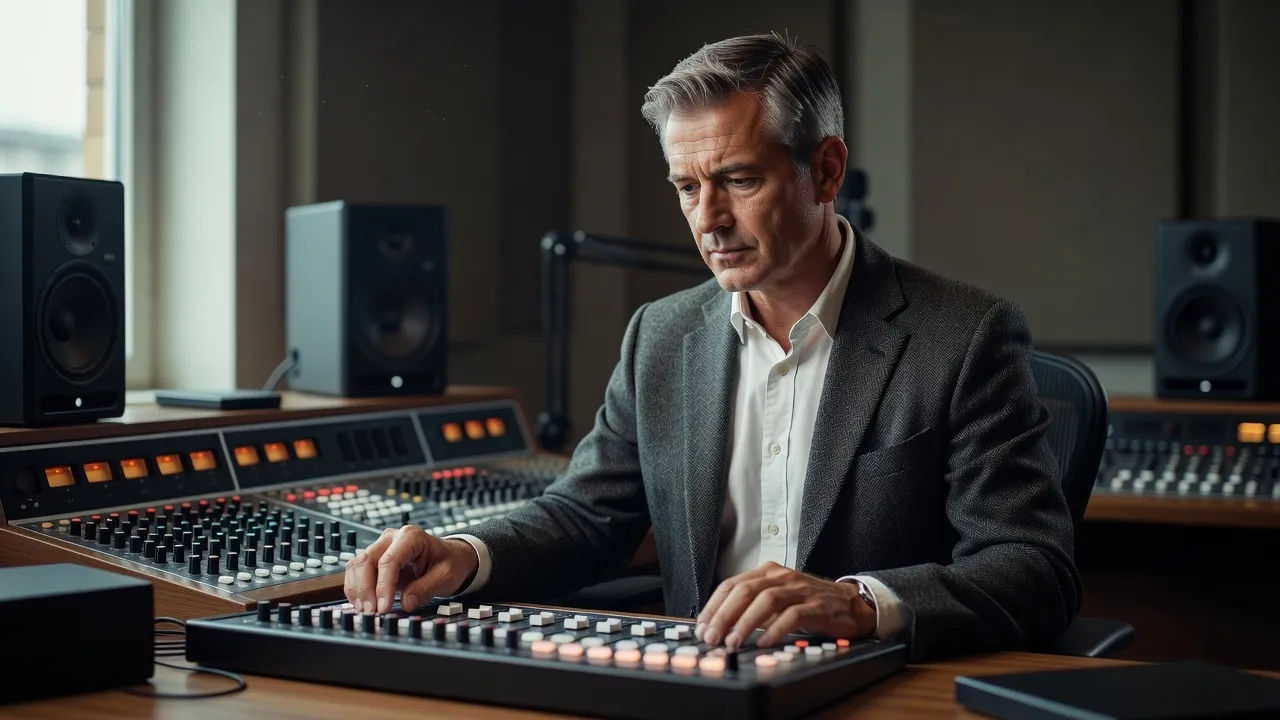 Voice designer shaping a formal British read at a mixing console
