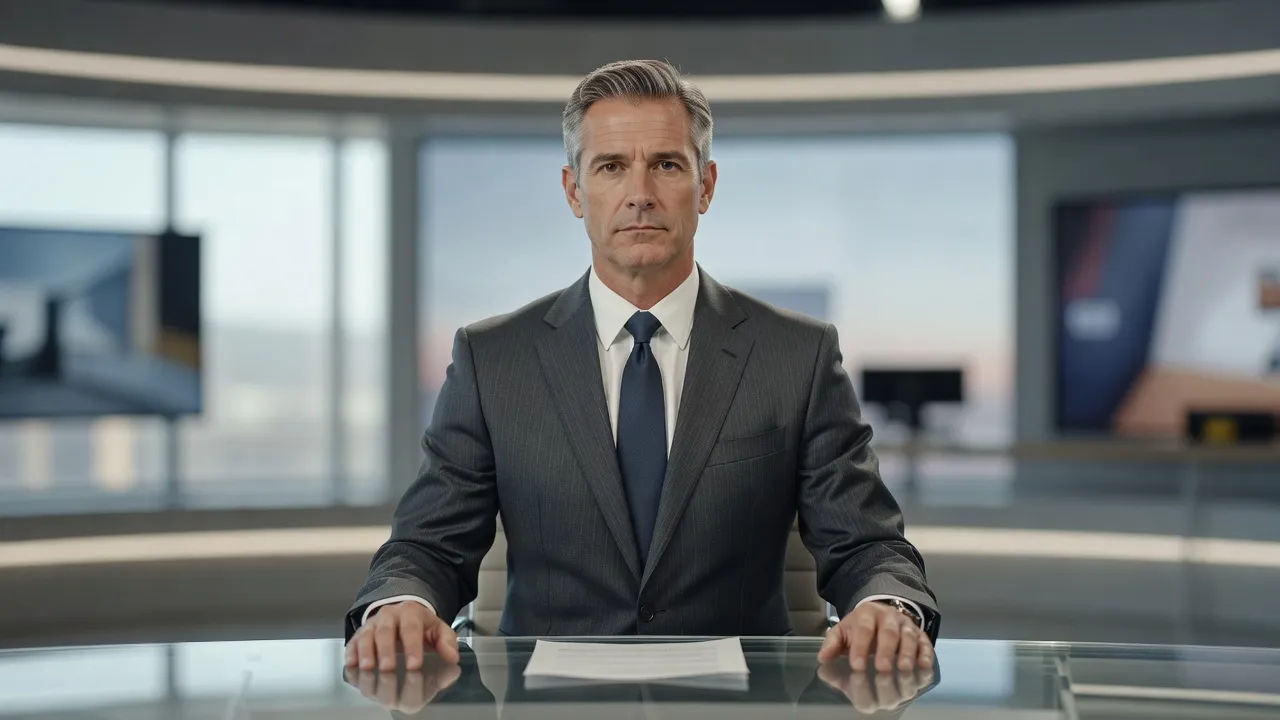 Mock news anchor at a desk delivering an absurd headline with a straight face