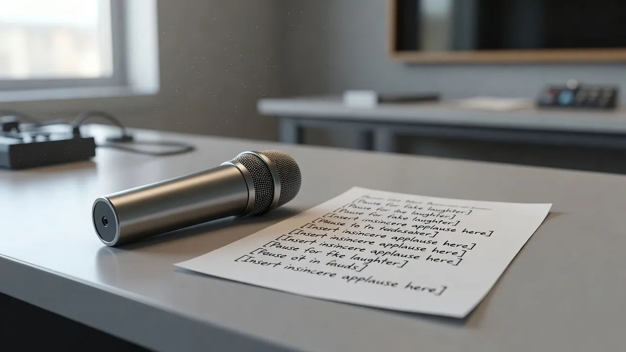 Script marked with satirical cues beside a broadcast microphone