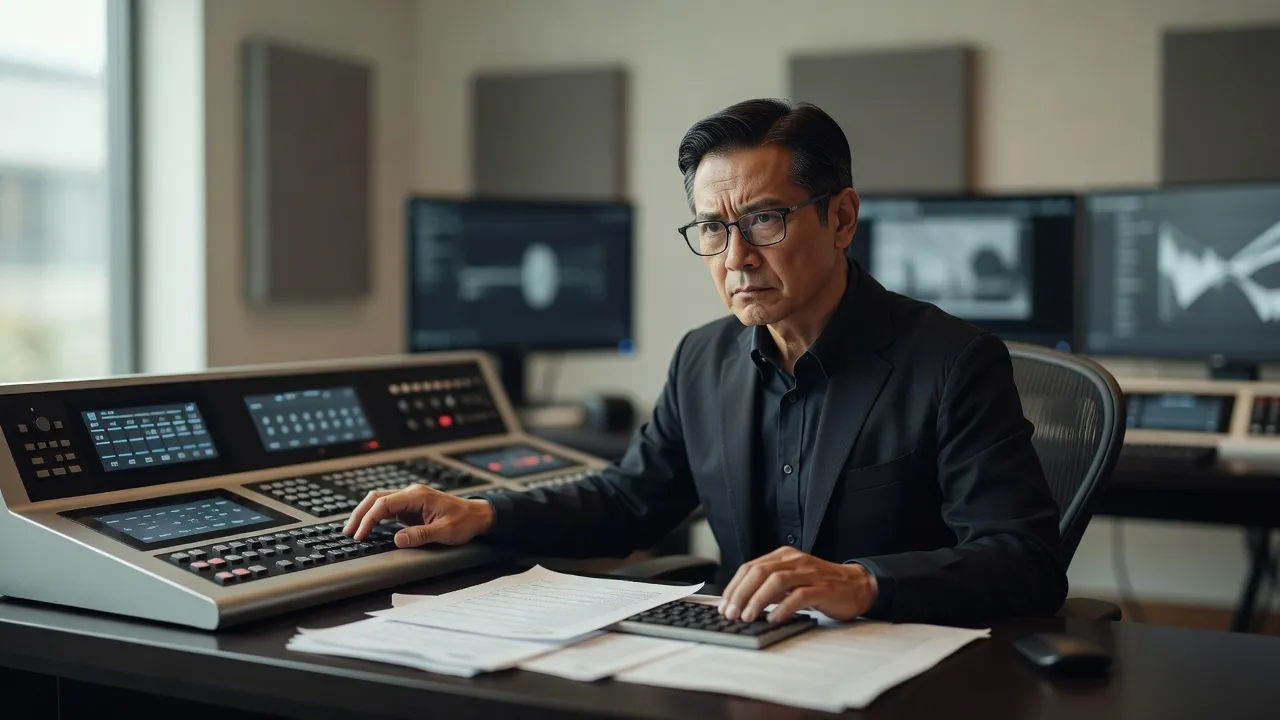 Editor shaping a deadpan satirical voice at a console with a script
