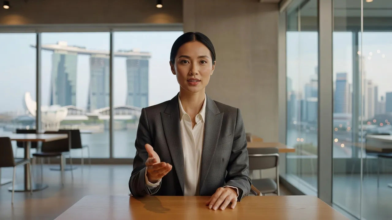 Singaporean presenter in a city cafe, speaking to camera with skyline behind