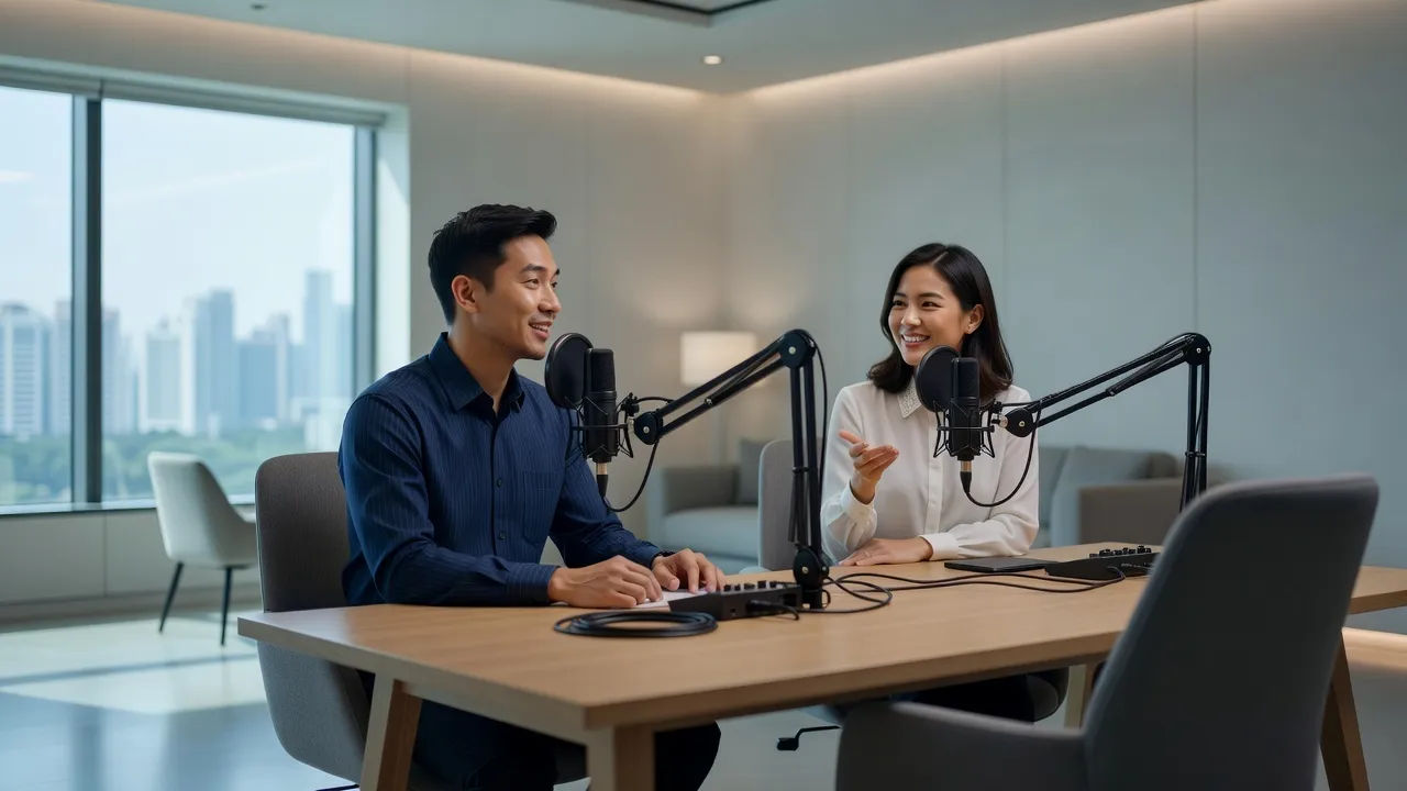 Two Singaporean hosts recording together in a modern studio