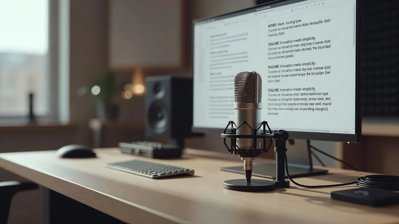 Editing screen with an ad script beside a studio microphone