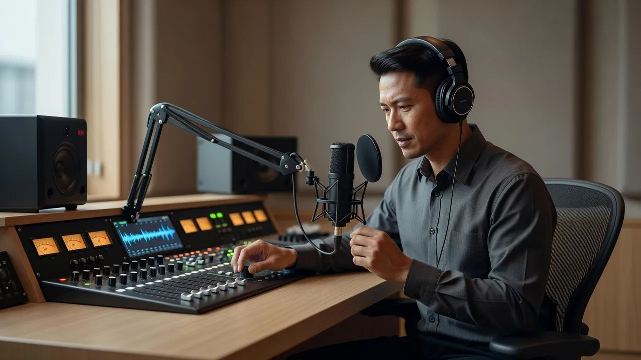 Voice designer shaping a Singaporean English read at a console