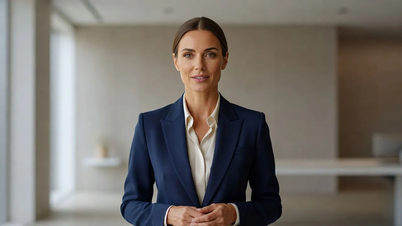 Presenter delivering a brand sign-off line to camera