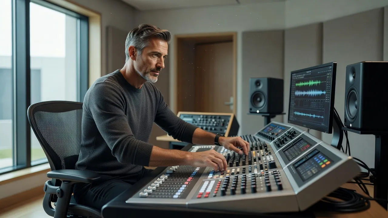 Sound designer shaping a brand sign-off at a console