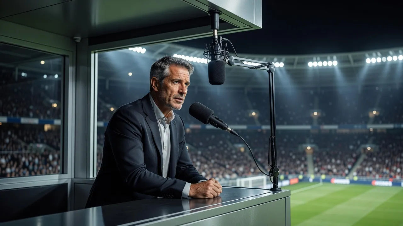 Lead commentator at a pitch-side booth mic above a floodlit stadium bowl