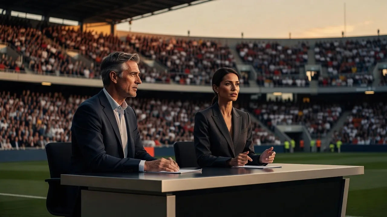 Two commentators at a pitch-side desk over a packed stadium at dusk