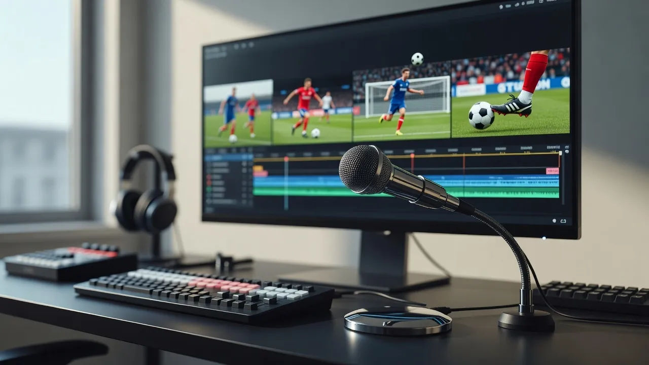 Editing bay with a soccer highlight timeline beside a broadcast mic