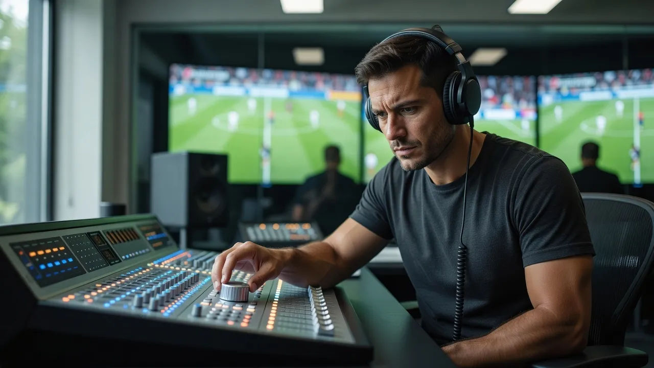Sound designer at a console dialing in a soccer commentator voice