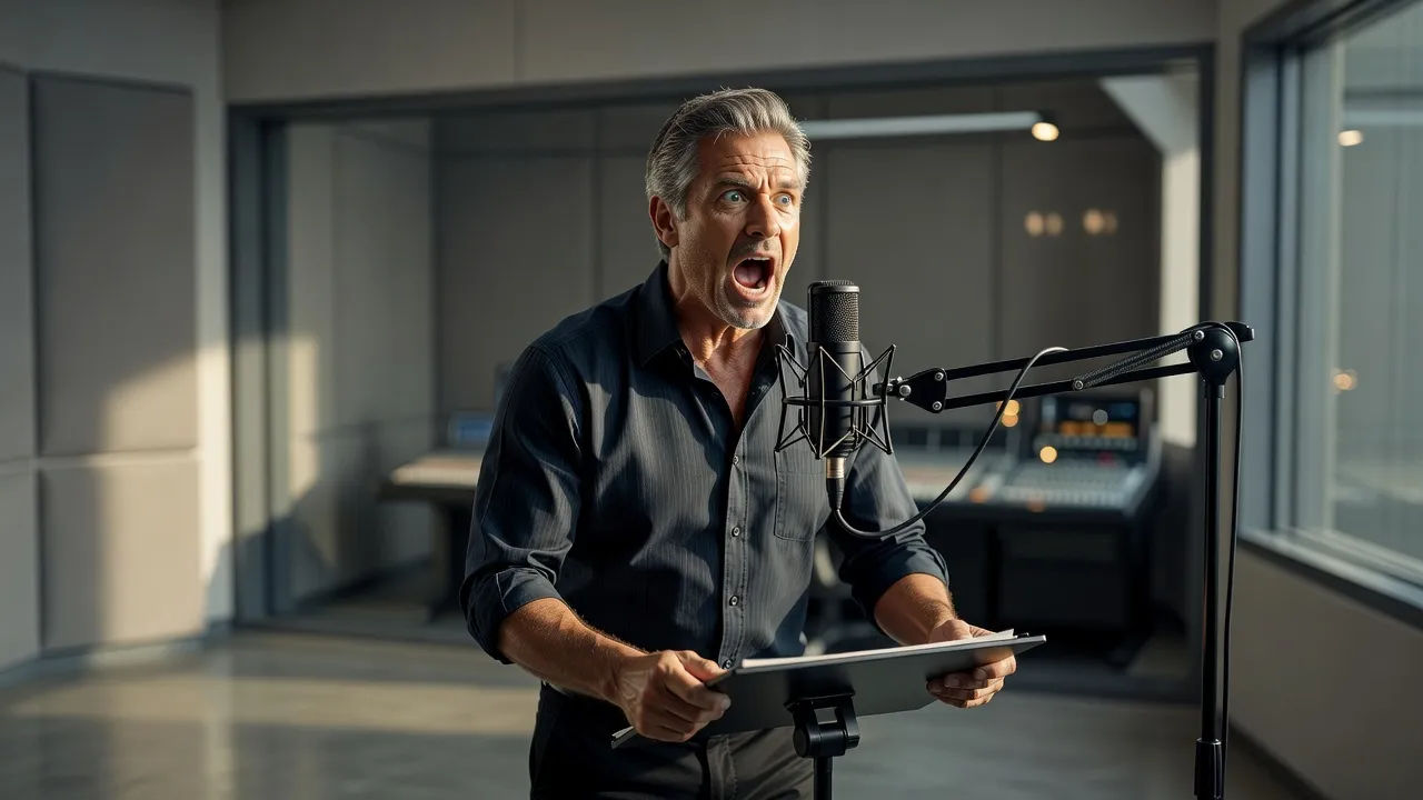 Booth announcer at a mic bellowing a cheesy movie-trailer line