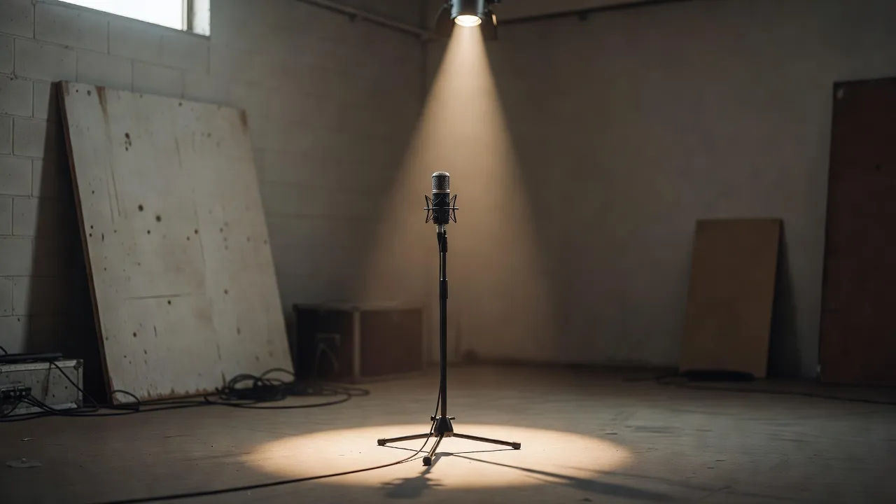 Cheap studio set with a fake logo and a dramatic spotlight on a mic