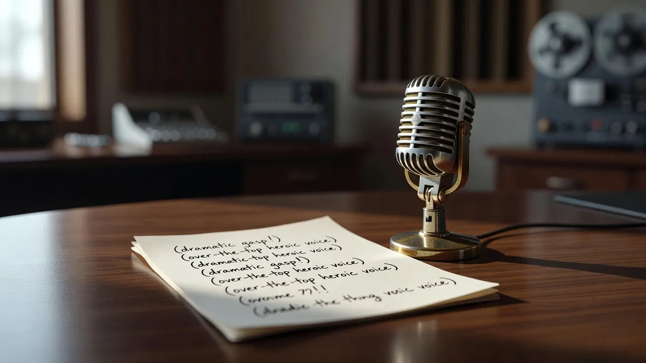 Script marked with spoof cues beside a vintage broadcast microphone