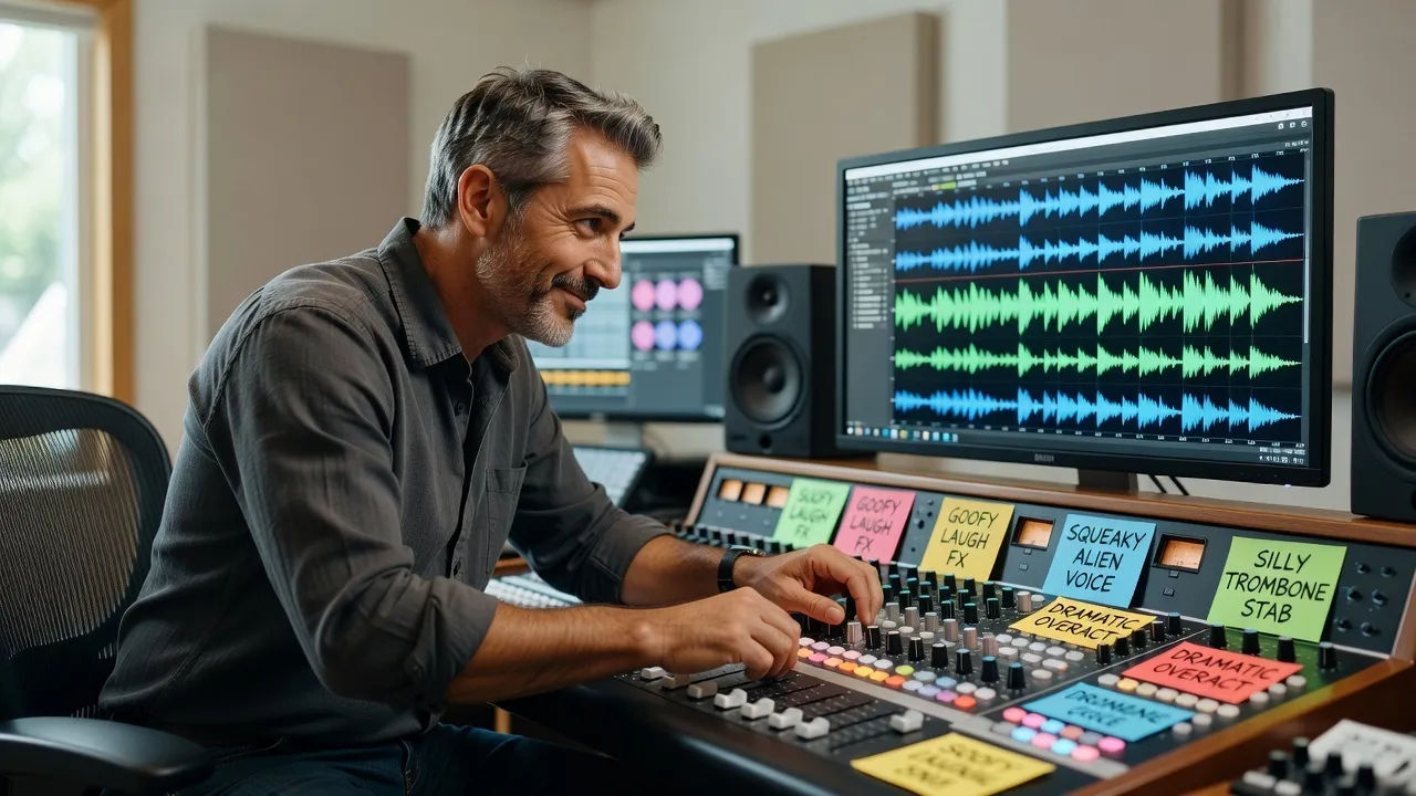 Editor tuning a cheesy spoof voice at a console with gag cues