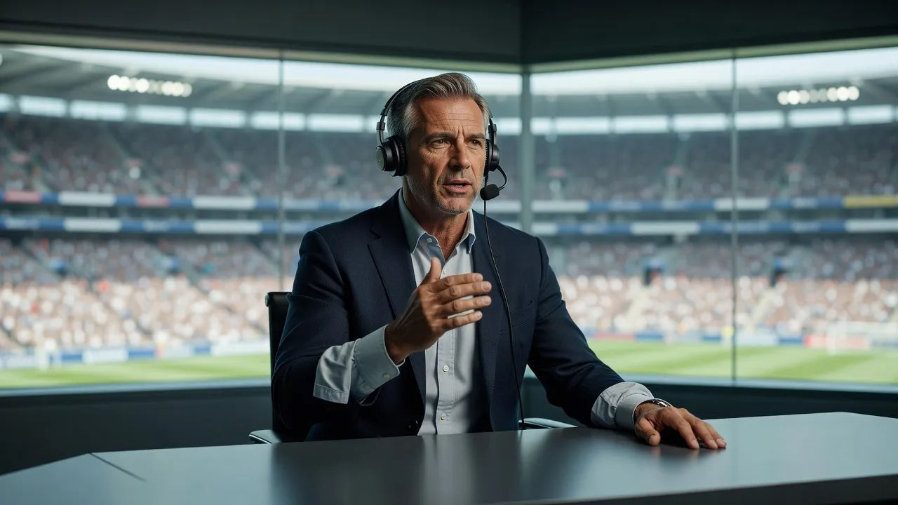 Broadcast commentator at a desk mid-call, headset on, stadium behind