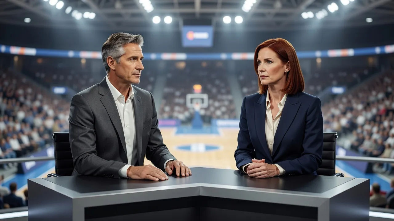Two commentators at a broadcast desk over a bright arena