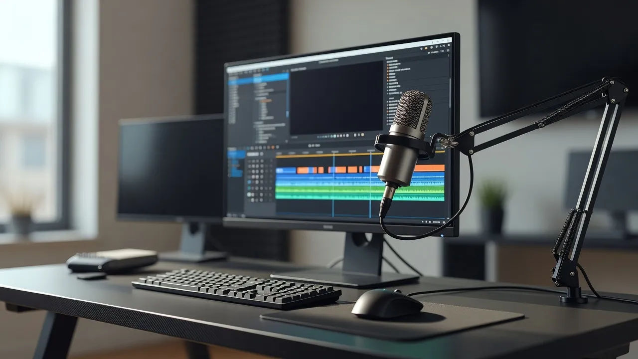 Editing bay with a highlight timeline and a commentary mic