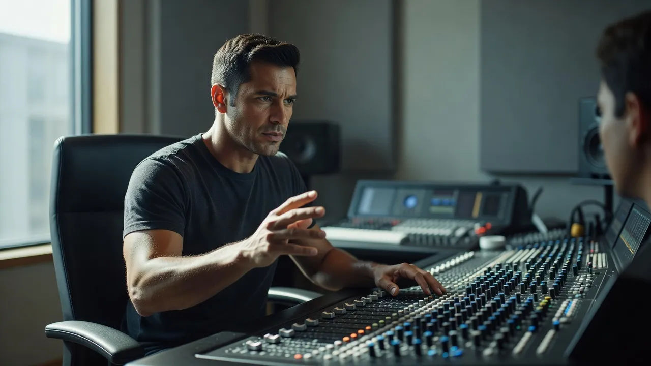Sound designer directing a commentary voice at a console