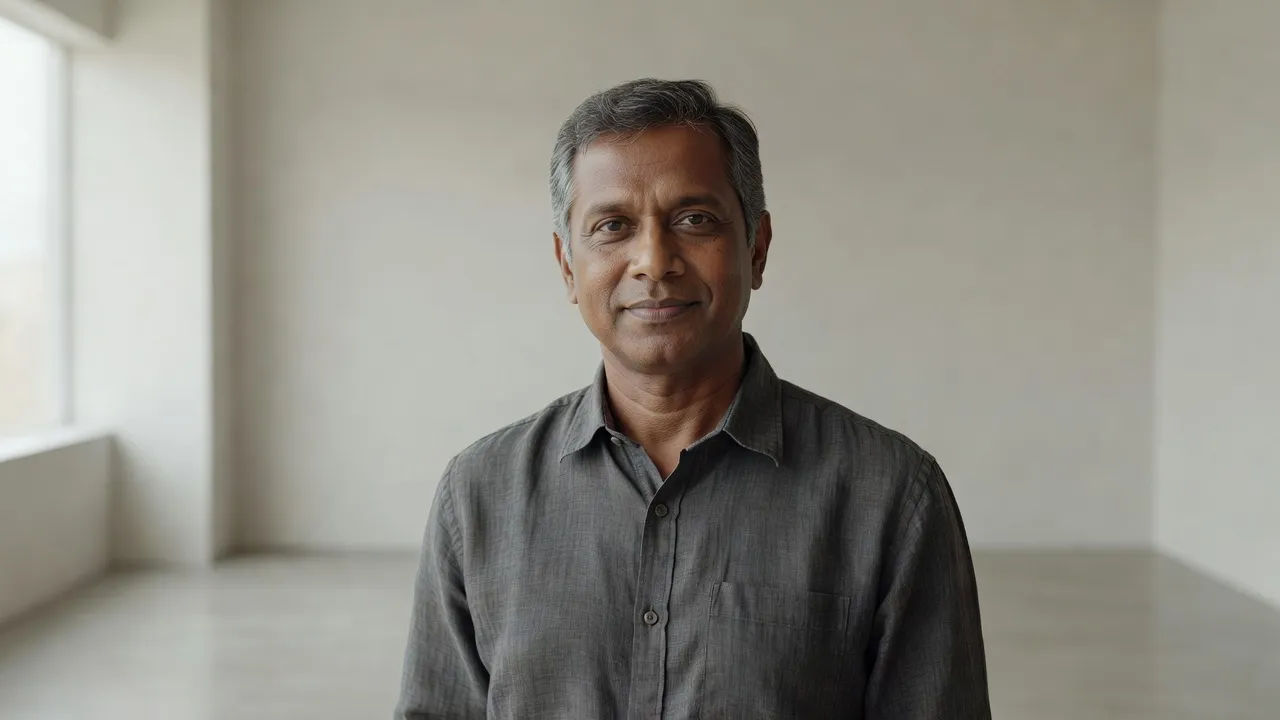 Calm Sri Lankan narrator speaking to camera in a softly lit studio