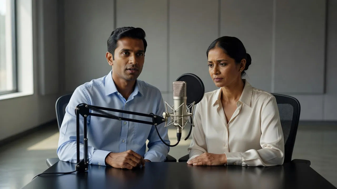 Two Sri Lankan voice actors recording a narration at a desk microphone