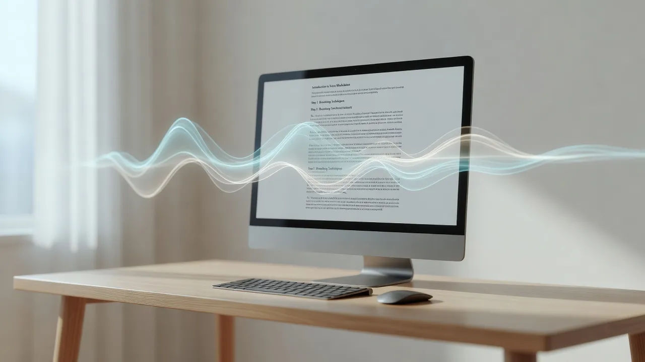 Lesson script on screen becoming a soft voiceover waveform