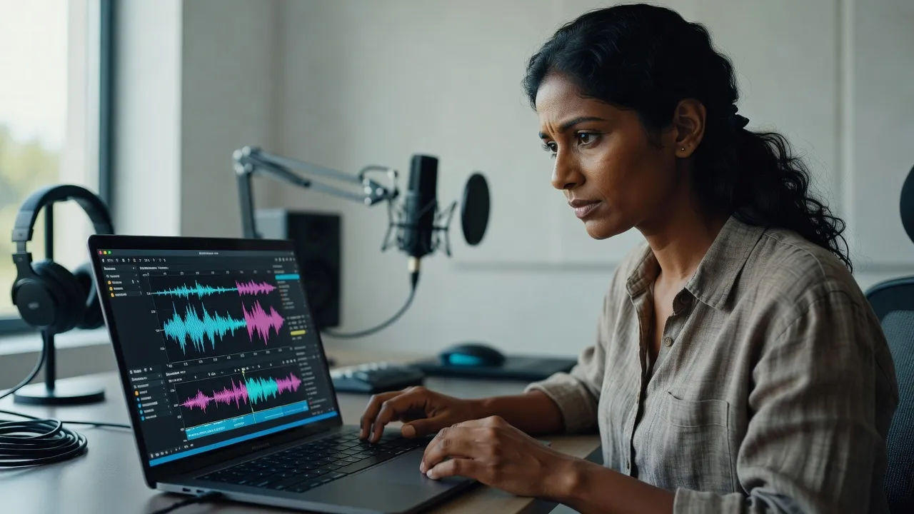 Editor tuning a Sri Lankan English voice prompt on a laptop