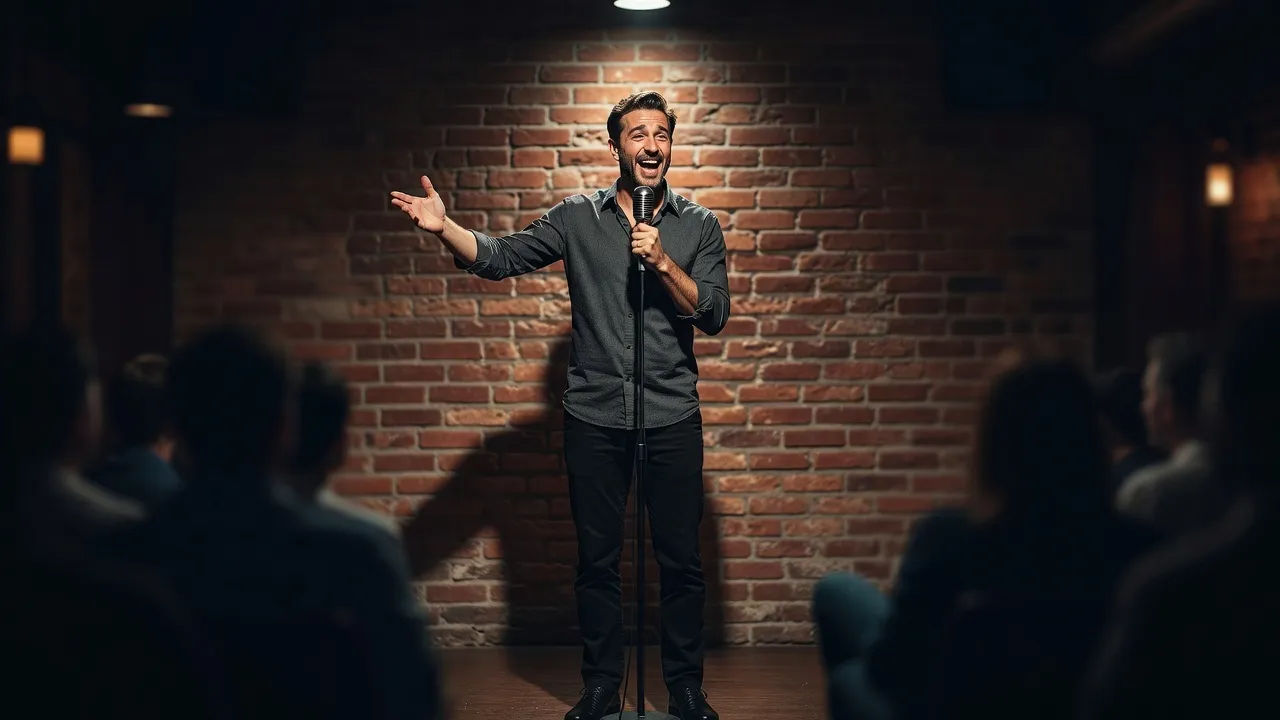 Comic at a brick-wall club under a spotlight, mic in hand mid-punchline