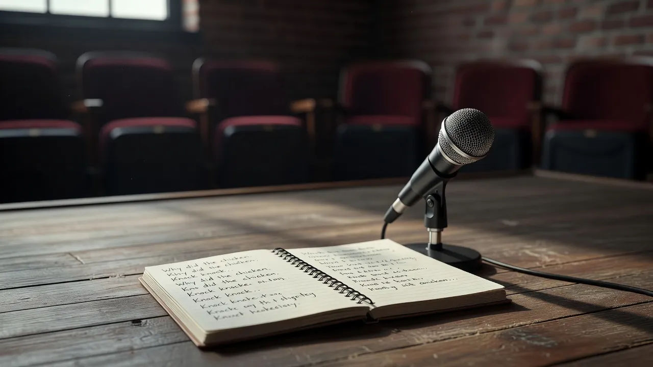 Notebook of jokes beside a mic on a small club stage