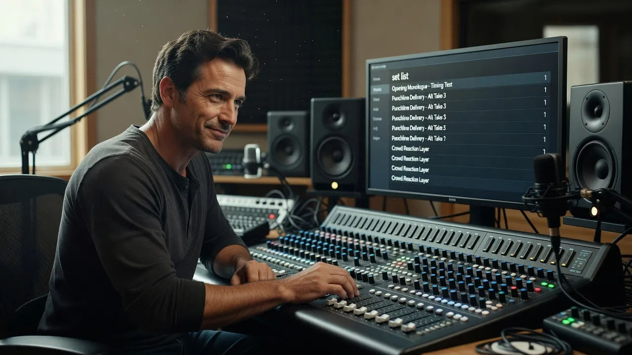 Editor tuning a comedic voice at a console with a set list on screen