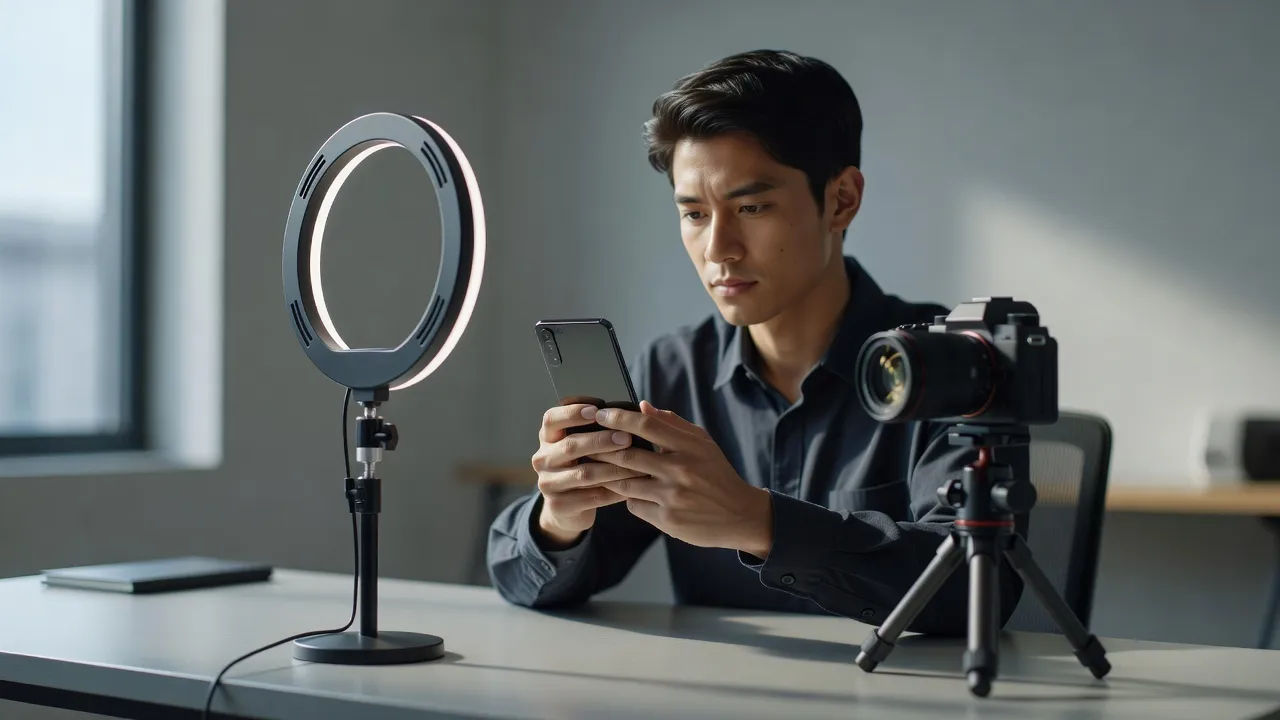 Reviewer at a desk holding a new phone, ring light and camera in front