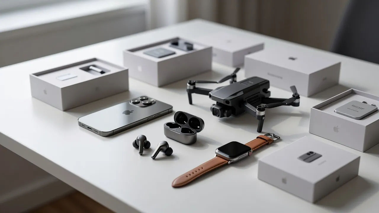 Flat-lay of gadgets and boxes on a bright review desk