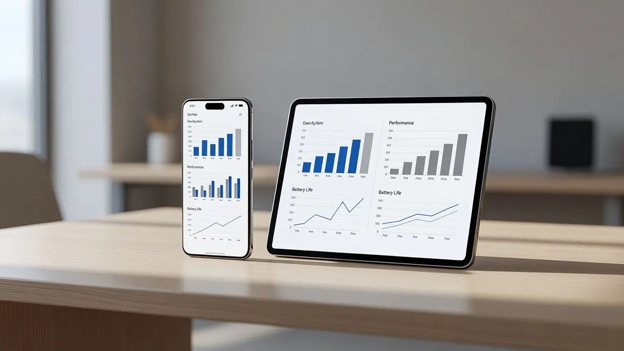 Two devices side by side on a desk with a comparison chart on screen
