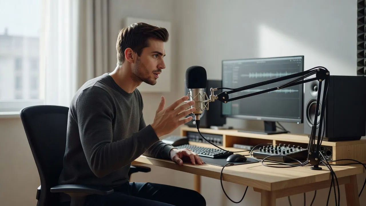 Creator directing a review voice at a small home studio setup