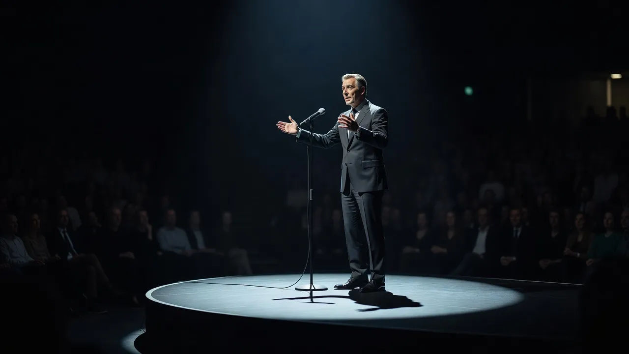 Speaker on a spotlit round stage mid-idea, single microphone, dark audience