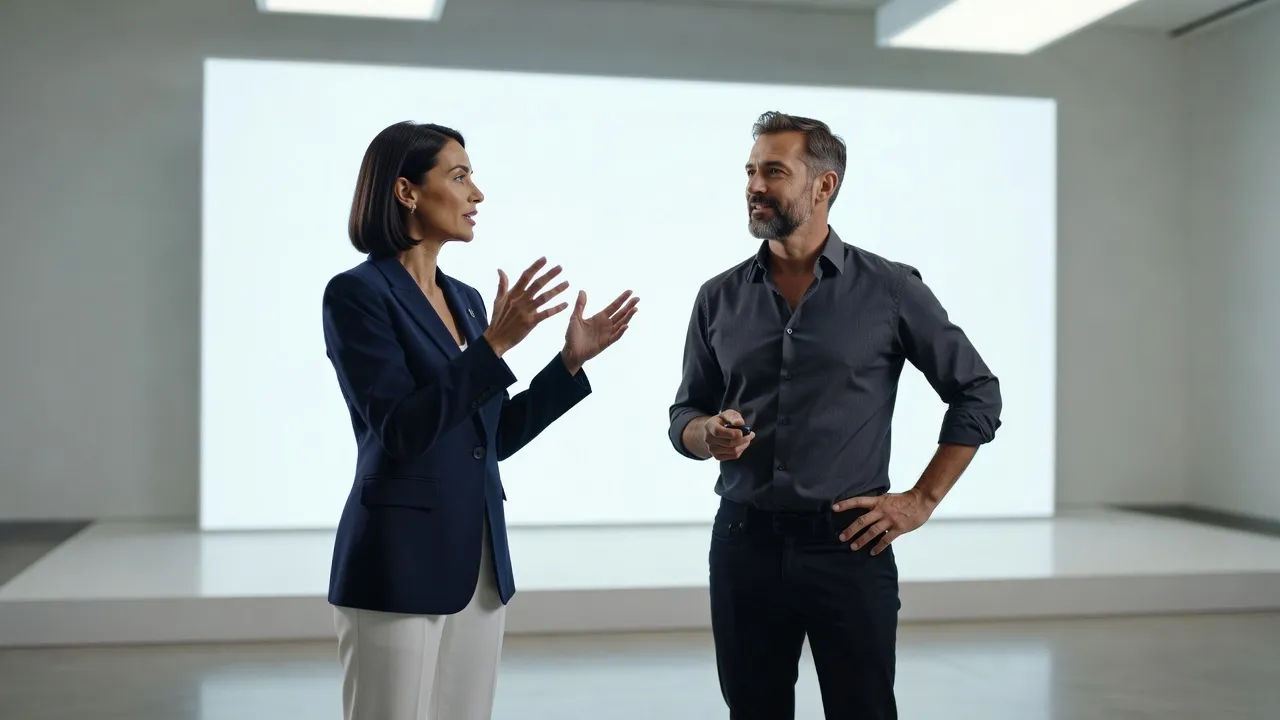 Two presenters rehearsing an ideas talk beside a bright stage backdrop