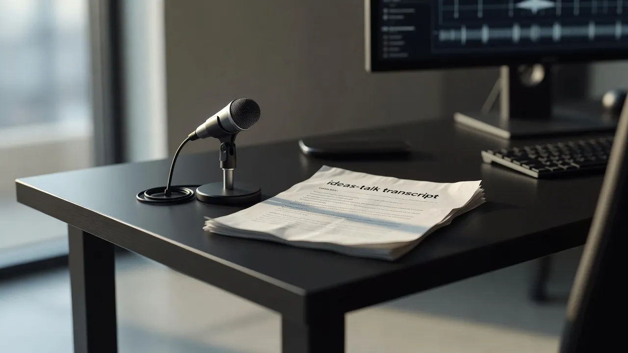 Editing desk with an ideas-talk transcript and a lavalier mic on a stand