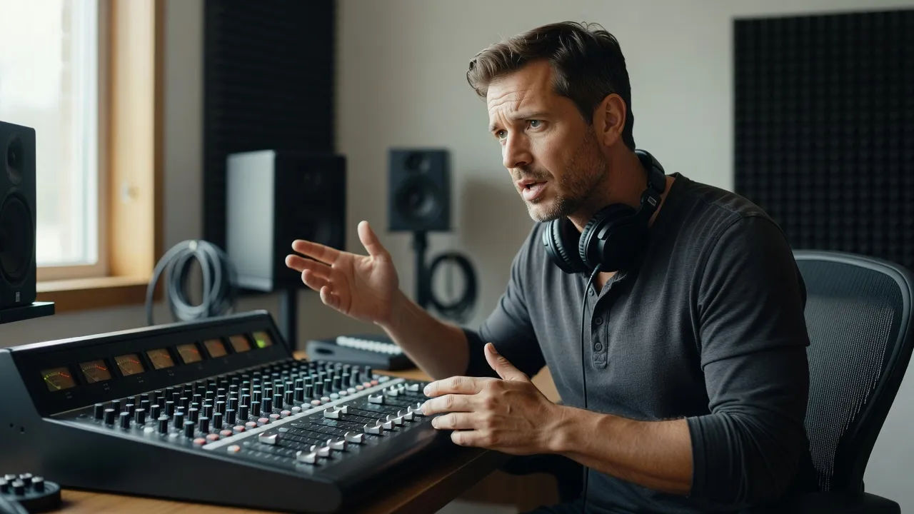 Producer directing an ideas-talk voice at a small studio console
