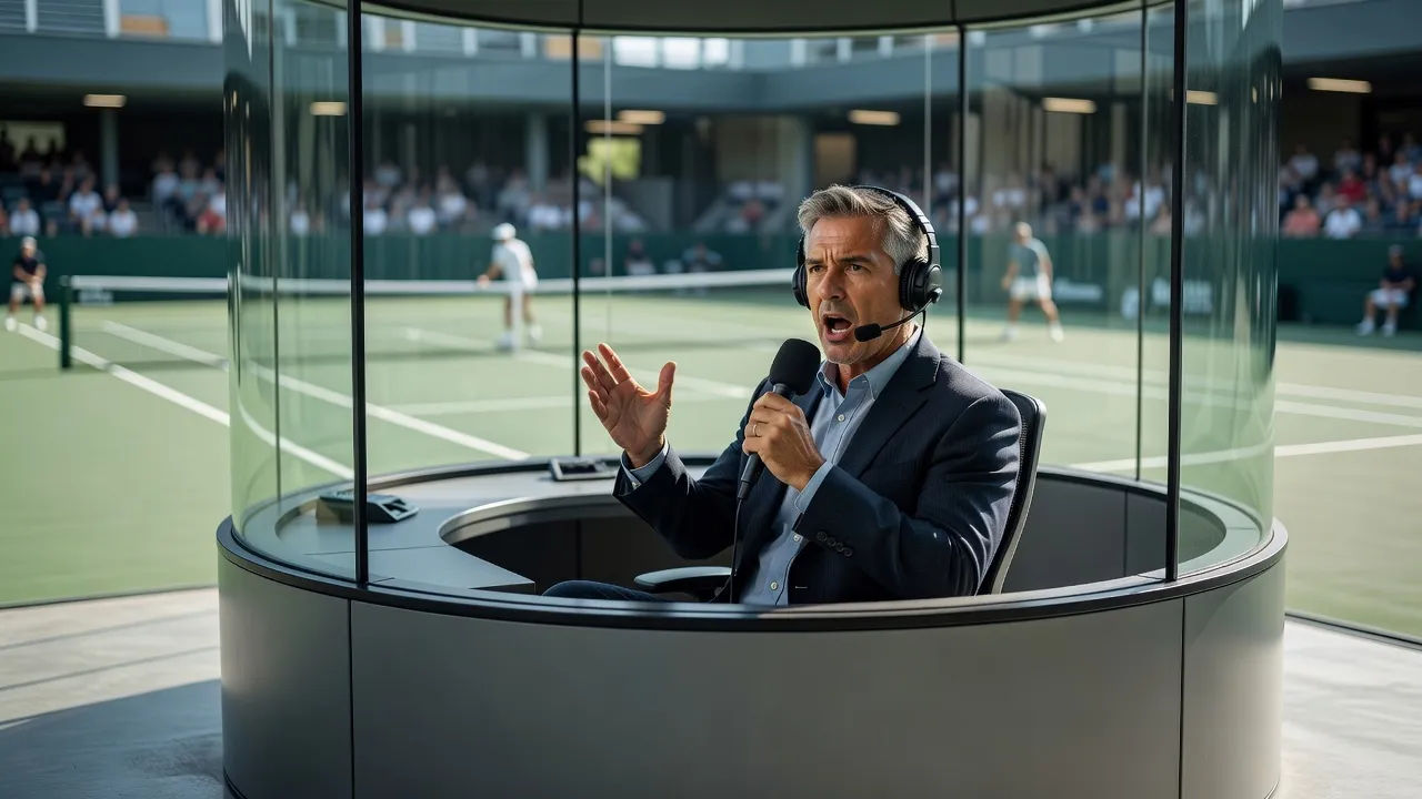 Tennis commentator in a courtside booth mid-call, headset on, lit court behind the glass